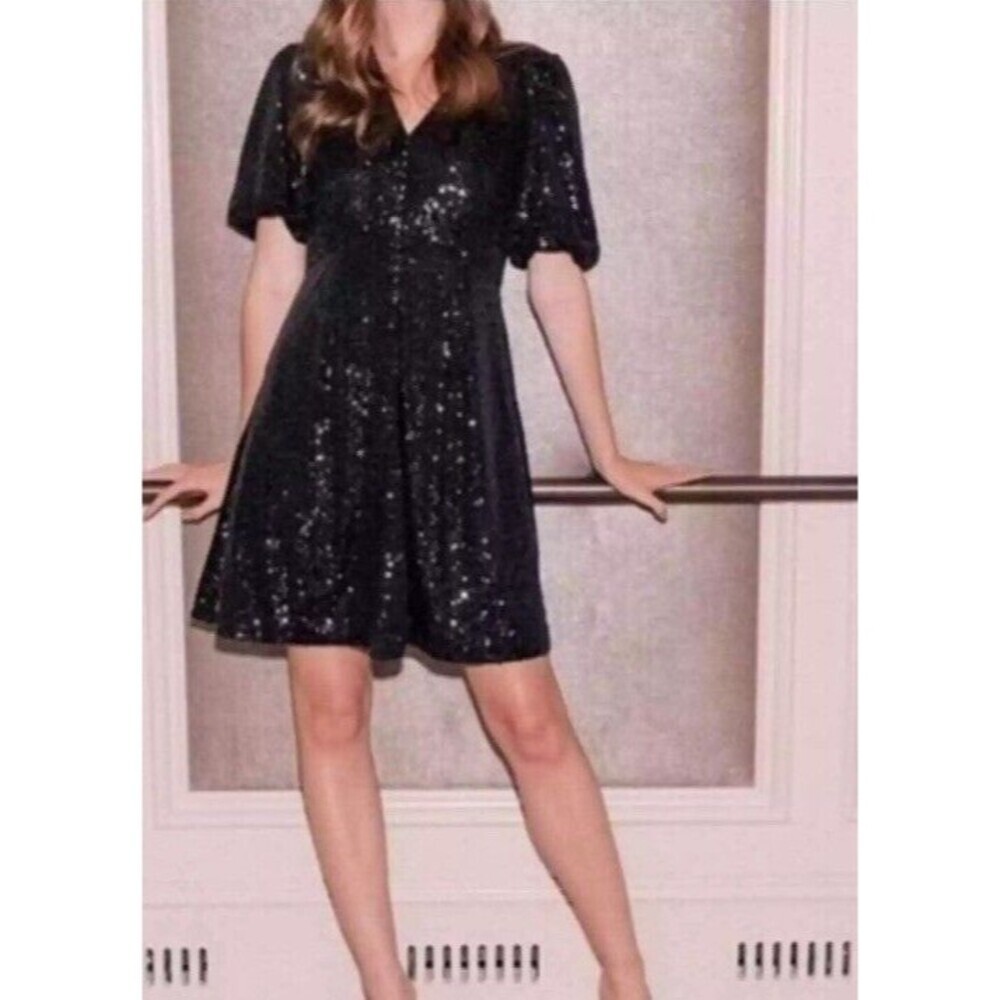 Gal Meets Glam Farris Dress Short Sleeve Sequined Mini Black Size 8 New $225